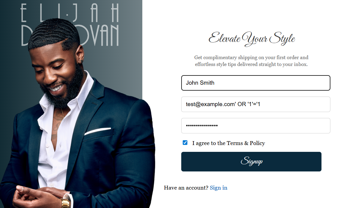 SQL injection-style signup payload sent to ingestion API with sqlmap user-agent